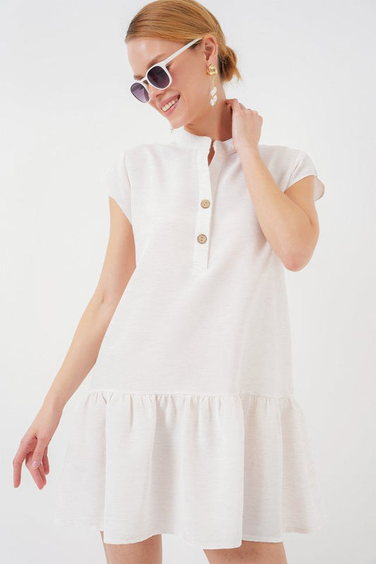 2425 Keten Mini Elbise - Ekru