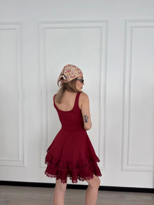Mini Askılı Elbise - Bordo