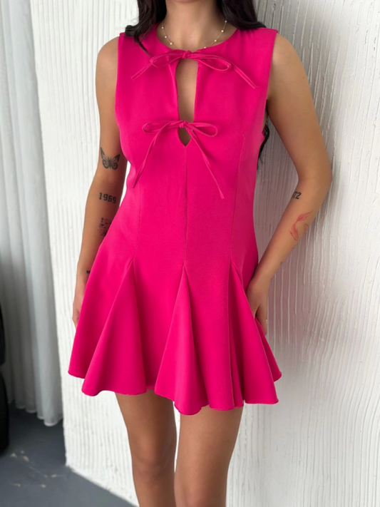 Göğüs Bağlamalı Kolsuz Mini Boy Elbise - Pembe