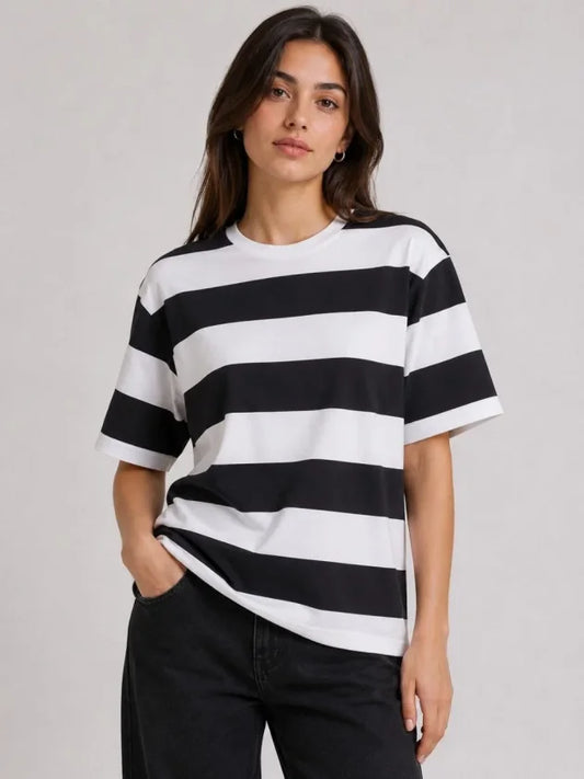 Çizgili Oversize Tişört Bisiklet Yaka Kısa Kol Yazlık T-Shirt - Siyah