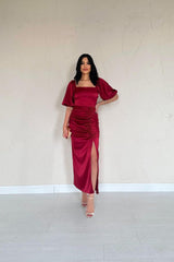 Bordo Büzgülü Saten Elbise
