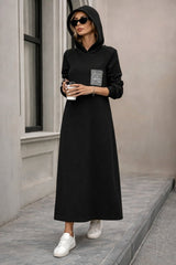 Kadın Uzun Kollu Kapşonlu Cep Detaylı Viskon Iki Iplik Maxi Elbise
