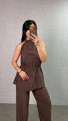 Kadın Halter Yaka Beli Kuşak Detaylı Ikili Takım