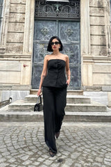 Siyah Straplez Düğmeli Crop Ve Pantolon Takım