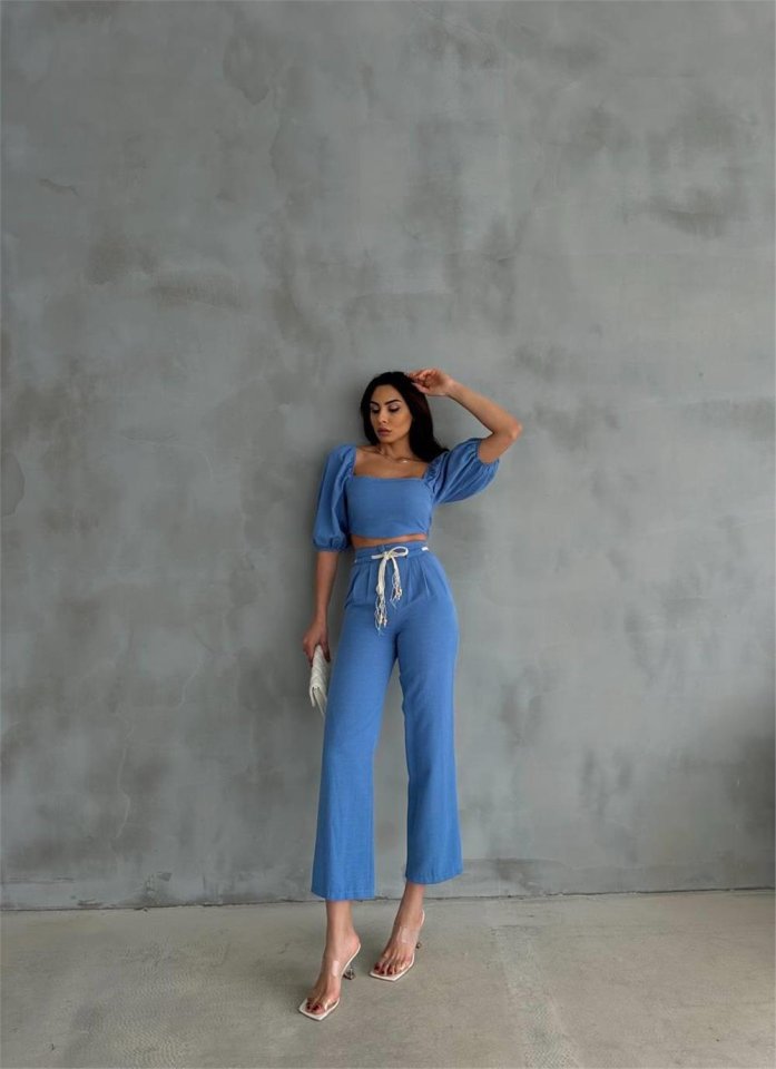 KETEN CROP KARPUZ KOL BLUZ-PANTOLON HASIR KEMERLİ - Mavi