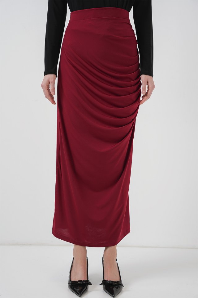 8035 Büzgülü Midi Etek - Bordo