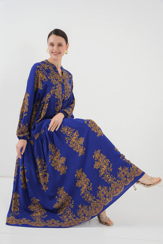 Saks Gold Desenli Tesettür Elbise 2423