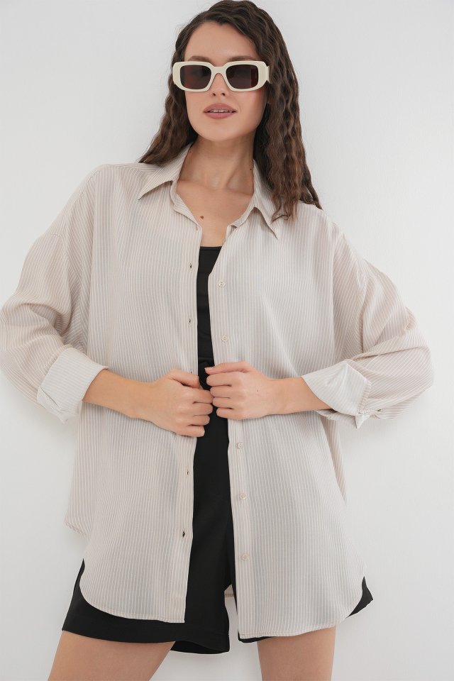 Çizgili Oversize Gömlek 20295 - Krem