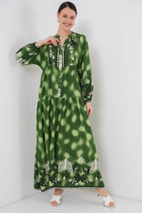 2423 Otantik Desenli Tesettür Elbise - Saks 3