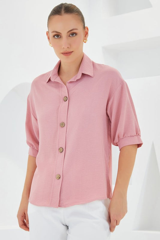 Pembe Kısa Kol Oversize Keten Gömlek 20240