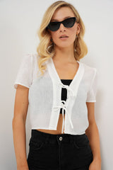 Kısa Kol Crop Bluz 958 - Beyaz