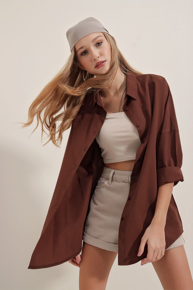 3900 Oversize Uzun Basic Gömlek - Bej
