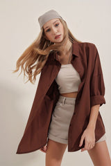3900 Oversize Uzun Basic Gömlek - Bej