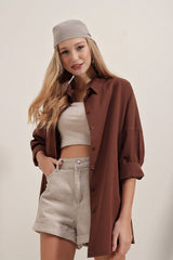 3900 Oversize Uzun Basic Gömlek - Bej