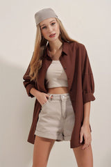3900 Oversize Uzun Basic Gömlek - Bej