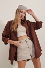 3900 Oversize Uzun Basic Gömlek - Bej