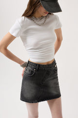 Asimetrik Kemer Denim Mini Etek