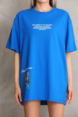 Unisex Bisiklet Yaka Baskılı Oversize T-Shirt - Mavi