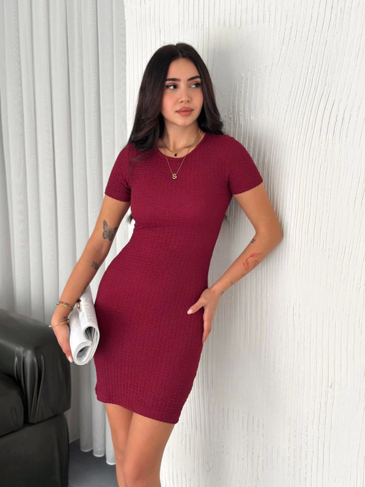 Bisiklet Yaka Kısa Kol Likralı Elbise - Bordo