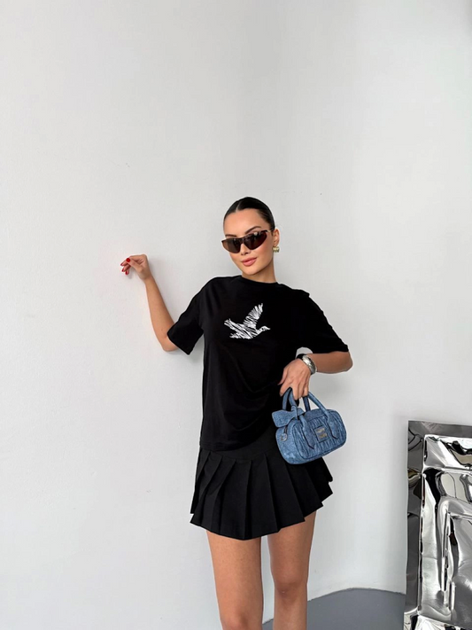 Kısa Kol Baskılı T-shirt - Siyah
