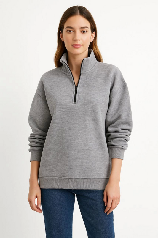 Üç İplik Dık Yaka Yarım Fermuarlı SweatShirt - Gri