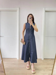 Jeans Kot Önü Tam Fermuarlı Uzun Elbise - Mavi
