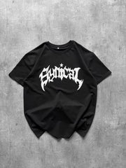 Bisiklet Yaka Ön Baskılı  Kısa Kollu Tişört Streetwear Günlük Basic Pamuklu T-shirt - Siyah