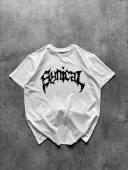 Bisiklet Yaka Ön Baskılı Kısa Kollu Tişört Streetwear Günlük Basic Pamuklu T-shirt - Beyaz