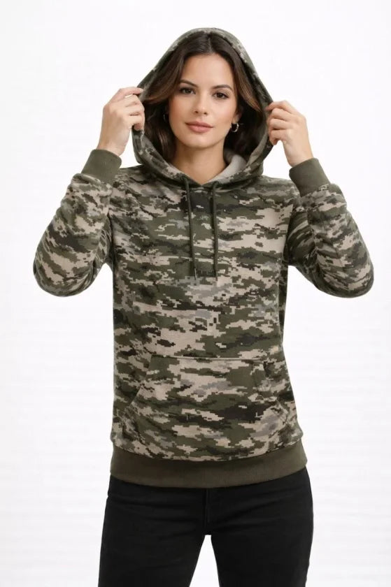Kamuflaj Desenli 2 İplik 4 Mevsim Kapüşonlu Kanguru Cepli Hoodie Sweatshirt - Kamuflaj