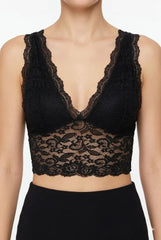 Dantel Bralet Crop Sütyen V Yaka Askılı Şık Esnek Rahat - Siyah