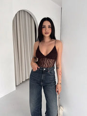 Dantel Detaylı Derin Dekolte Body Şık Kolsuz Yazlık Bodysuit - Kahvrenegi