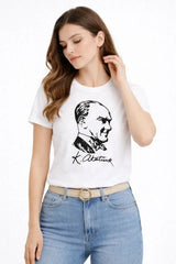 Atatürk Baskılı Tişört Kısa Kollu Bisiklet Yaka T-Shirt - Beyaz