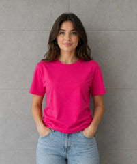 Basic Pamuklu Tişört Bisiklet Yaka Düz Renk Relaxed Fit T-Shirt - Fuşya