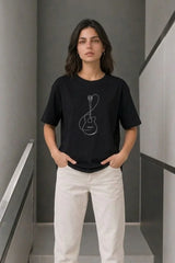 Minimal Gitar Baskılı Tişört T-Shirt Yazlık Kısa Kol Bisiklet Yaka T-Shirt - Siyah