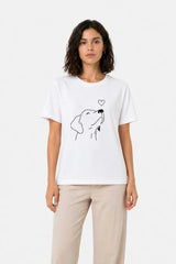 Köpek Figürlü Minimal Baskılı Tişört Kısa Kol Yazlık T-Shirt - Beyaz