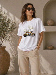 Motosiklet Baskılı Tişört Bisiklet Yaka Kısa Kol Yazlık T-Shirt - Beyaz
