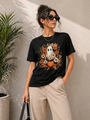 Balkabağı Hayalet Baskılı Tişört Kısa Kol Yazlık T-Shirt - Siyah