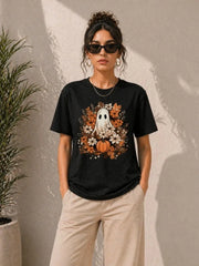 Balkabağı Hayalet Baskılı Tişört Kısa Kol Yazlık T-Shirt - Siyah