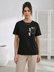 Sevimli Kedi Cep Baskılı Tişört Kısa Kol Yazlık T-Shirt - Siyah