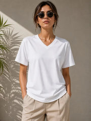 V Yaka Basic Tişört Kısa Kol Yazlık Regular Fit T-Shirt - Beyaz