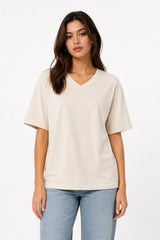 V Yaka Basic Tişört Kısa Kol Yazlık Regular Fit T-Shirt - Bej
