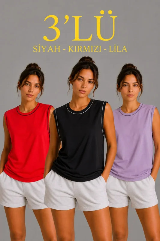 3’lü Kolsuz Sporcu Atlet Seti Yazlık Bisiklet Yaka - Siyah, Kırmızı, Lila