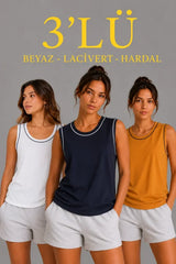3’lü Kolsuz Sporcu Atlet Seti Yazlık Bisiklet Yakalı - Beyaz, Lacivert, Hardal