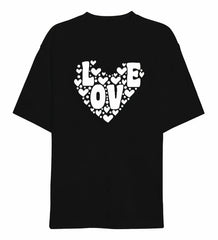 14 Şubat Sevgililer Günü Love Kalp Baskılı Oversize Bisiklet Yaka T-shirt - Siyah