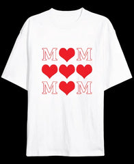 Anneler Günü Hediye MOM Kalp Baskılı Oversize Bisiklet Yaka T-shirt - Beyaz