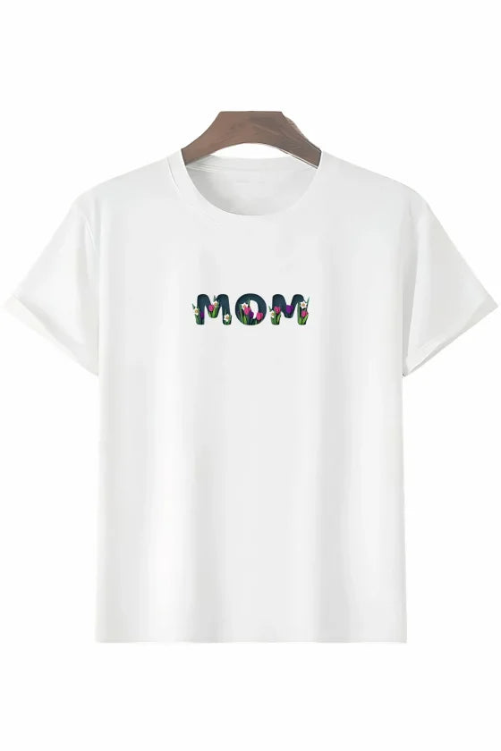 Anneler Günü Hediye Mom Çiçek Baskılı Oversize Bisiklet Yaka T-shirt - Beyaz