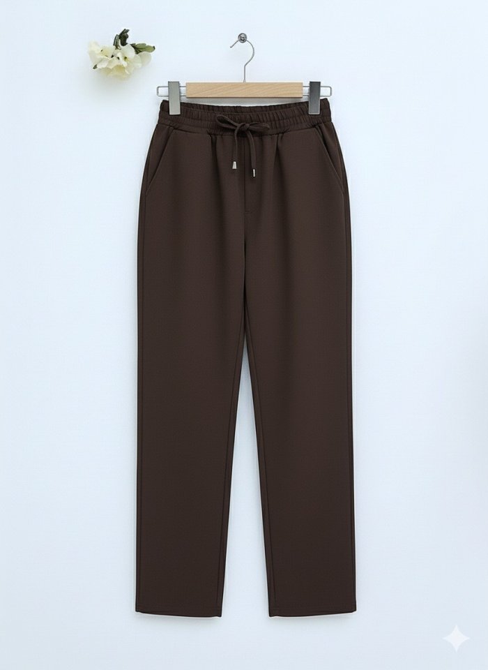 Beli Bağcıklı Dar Paça Pantolon    -Kahve