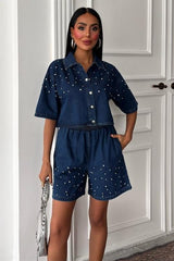 Taş Detaylı Gömlek Şort Denim Takım 10175