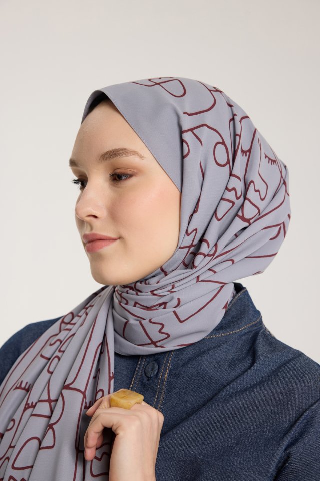 Pure Tone Şal - Marjinal Desen - Gümüş - Bordo