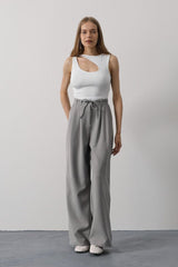 Pileli Bağcıklı Oversize Pantolon - Gri